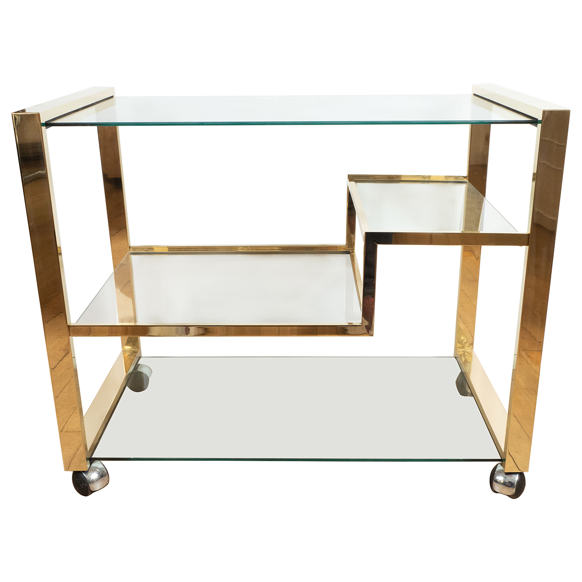 Brass rolling bar cart with glass shelves Serving Carts John Salibello